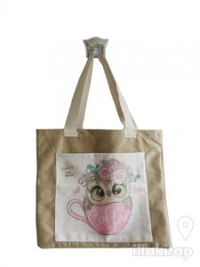 Krem Baykuş Cepli Bez Çanta Kod - 220014