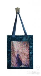 Mavi Tavuskuşu Cepli Bez Çanta Kod - 220021