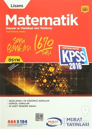 2016 KPSS Lisans Matematik Soru Bankası Sayısal ve Mantıksal Akıl Yürütme