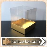 Altı Metalize Altın Renk Karton Şeffaf Kapaklı Asetat Kutu 9x9x10 cm