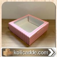 Pembe Beyaz Çizgili Karton Ortası Şeffaf Pencereli Asetat Kutu 15x15x5 cm.