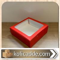 Alt Kırmızı Karton Ortası Şeffaf Pencereli Asetat Kutu 15x15x5 cm.