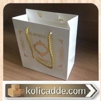 Beyaz Üzerine Altın Desenli Karton Çanta 15,5x17x8 cm