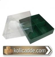 Altı Yesıl Karton Asetat Kapaklı 4 Bölmeli Karton Kutu 12x12x3 cm