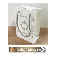 Gümüş Saray Desenli Beyaz Karton Çanta 12x17x7 cm