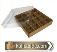 Altı Kraft Asetat Kapaklı 16 Bölmeli Karton Kutu 25x25x5 cm