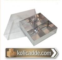 Altı Gumus Karton Ustu Asetat Kapaklı 4 Bolmelı Kutu 12x12x3 cm Altı Gumus Karton Ustu Asetat Kapaklı 4 Bolmelı Kutu 12x12x3 cm