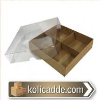 Altı Kraft Asetat Kapaklı 4 Bölmeli Karton Kutu 12x12x3 cm