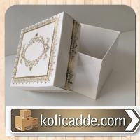 Kapaklı Karton Kutu 8x8x6,5 cm. Beyaza Gold-KoliCadde