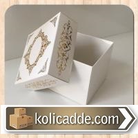 Kapaklı Karton Kutu 8x8x6,5 cm. Beyaza Gold-KoliCadde