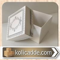 Kapaklı Desenli Karton Kutu 8x8x6,5 cm. Beyaza Gümüş-KoliCadde