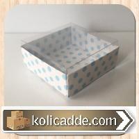 Altı Mavi Puantiyeli Kartondan Şeffaf Kapaklı Asetat kutu 6x6x2,5 cm-K