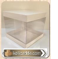 Altı Üstü Beyaz Renk Karton Ortası Şeffaff Asetat Kutu 20x20x17,5 cm.-