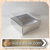 Altı Gümüş Metalize Karton Üstü Şeffaf Asetat Kutu 8x8x4 cm-KoliCadde