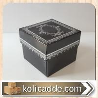 Siyah Karton Üzerine Gümüş Kilim Desenli Karton Kutu 8x8x6,5 cm-KoliCa