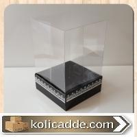 Siyah Karton Üzerine Gümüş Kilim Desenli Üstü Kısım Komple Şeffaf Asetat Kutu 8x8x12 cm