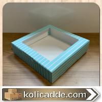 Şeffaf Pencereli Büyük Mavi-Beyaz Çizgili Kutu 20x20x5 cm-KoliCadde