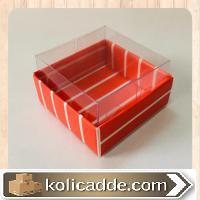 Üstü Şeffaf Asetat Altı Karton Üzerine Kırmızı Beyaz Çizgili Asetat Kutu 5x5x3 cm