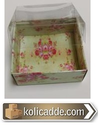 Gül Desenli Asetat Kapaklı Karton Kutu 8x8x3 cm