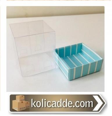 Altı Mavi Beyaz Çizgili Üstü Asetat Kutu 5x5x8 cm-KoliCadde
