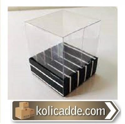 Altı Siyah Beyaz Çizgili Üstü Asetat Kutu 5x5x6 cm-KoliCadde