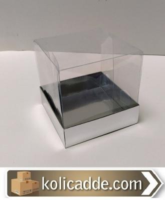 Gümüş Karton Kutu Asetat Kapak 10x10x16 cm-KoliCadde