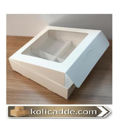 Altı Beyaz 4 Bölmeli Asetat Pencereli Karton Kutu 15x15x5 cm-KoliCadde