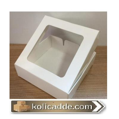 Asetat Pencereli Beyaz Karton Kutu 12x12x3 cm.-KoliCadde