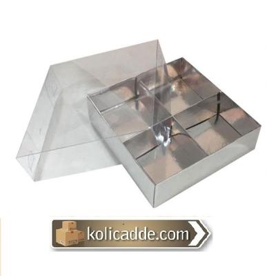 Asetat Kapaklı Gümüş Kutu 4 Bölmeli 10x10x3-KoliCadde