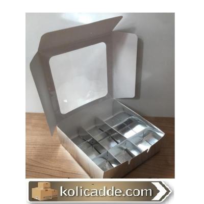Altı Gümüş 9 Bölmeli Asetat Pencereli Karton Kutu 15x15x5 cm-KoliCadde