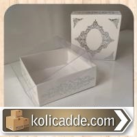 Beyaz Karton Asetat Kapaklı Desenli Gümüş Kutu 8x8x3 cm-KoliCadde