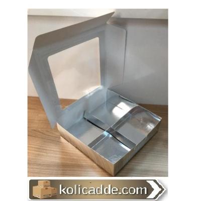 Alt Gümüş Karton 4 Bölmeli Asetat Pencereli Kutu 20x20x5 cm-KoliCadde