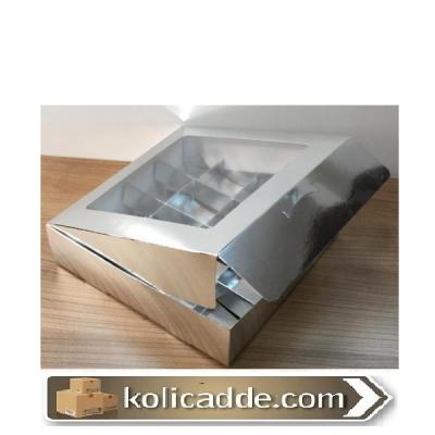 Altı Gümüş Asetat Kapaklı 16 Bölmeli Karton Kutu 20x20x5 cm-KoliCadde
