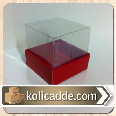 Kırmızı Karton Kutu Üstü Asetat Kapak 10x10x6 cm-KoliCadde