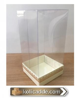Altı Krem Karton Üzerine Gümüş Kilim Desenli Üstü Asetat Kutu 8x8x16 c