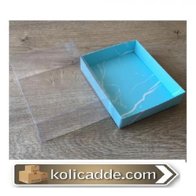 Mermer Desenli Asetat Kapaklı Mavi Kutu 12x15x5 cm-KoliCadde