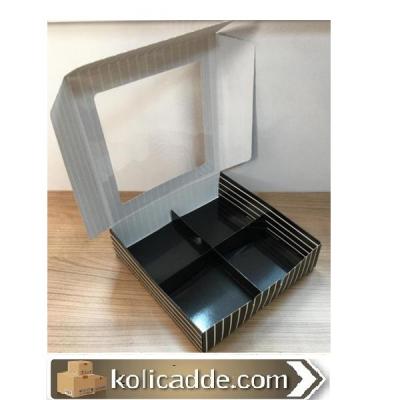 Altı Siyah Beyaz Çizgili 4 Bölmeli Asetat Pencereli Karton Kutu 15x15x