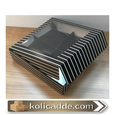 Altı Siyah Beyaz Çizgili 4 Bölmeli Asetat Pencereli Karton Kutu 15x15x