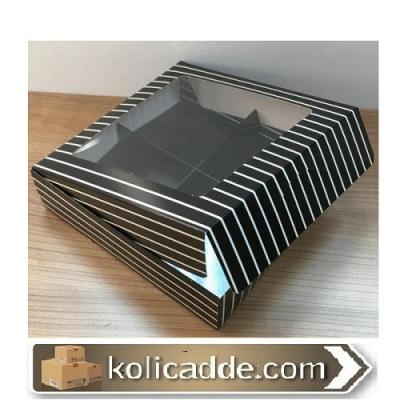 Siyah Beyaz Çizgili 4 Bölmeli Asetat Pencereli Karton Kutu 20x20x5 cm-