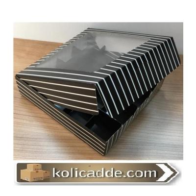 Altı Siyah Beyaz Çizgili Asetat Kapaklı 16 Bölmeli Karton Kutu 25x25x5