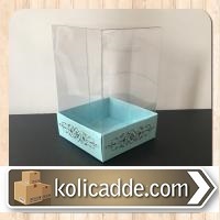 Asetat Kapaklı Mavi Üzeri Gold Desenli Karton Kutu 8x8x12 cm.-KoliCadd