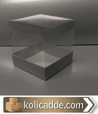 Beyaz Karton Kutu Asetat Kapaklı 10x10x12 cm-KoliCadde