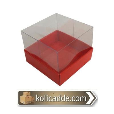 Alt Kırmızı Karton Üst Asetat Kapak Kutu 7x7x7 cm-KoliCadde