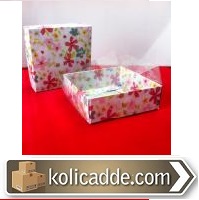 Çiçekli Karton Kutu Asetat Kapaklı 8x8x3 cm.