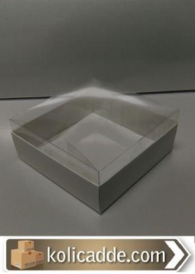 Beyaz Karton Kutu Asetat Kapak 12x12x3 cm-KoliCadde
