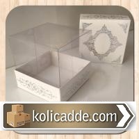 Beyaz Üzeri Gümüş Desen Kutu Asetat Kapak 8x8x8 cm-KoliCadde