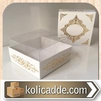 Asetat Kapaklı Hediye Kutusu Beyaz-Gold 8x8x5 cm-KoliCadde