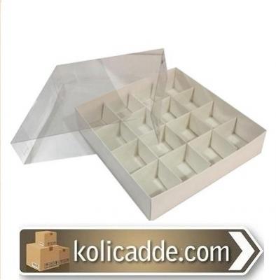Altı Beyaz Karton Üstü Asetat Kapaklı 16 Bölmeli Kutu 25x25x5 cm-KoliC