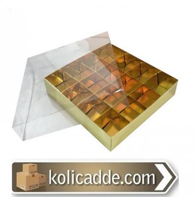 Altı Gold Karton Üstü Asetat Kapaklı 16 Bölmeli kutu 25x25x5 cm-KoliCa