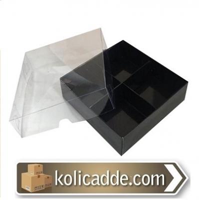 Altı Siyah Asetat Kapaklı 4 Bölmeli Karton Kutu 12x12x3 cm-KoliCadde